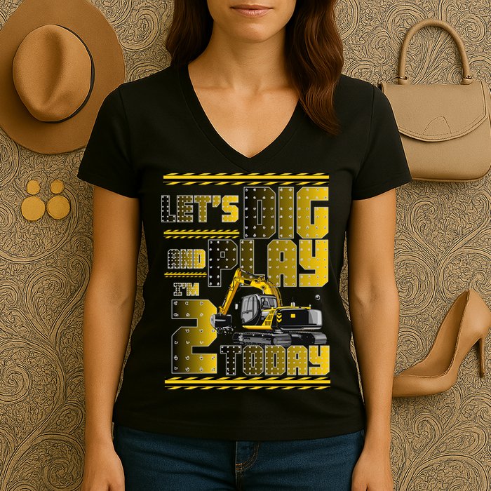 Let's Dig And Play I'm 2 Today 2nd Birthday Party Excavator Women's V-Neck T-Shirt