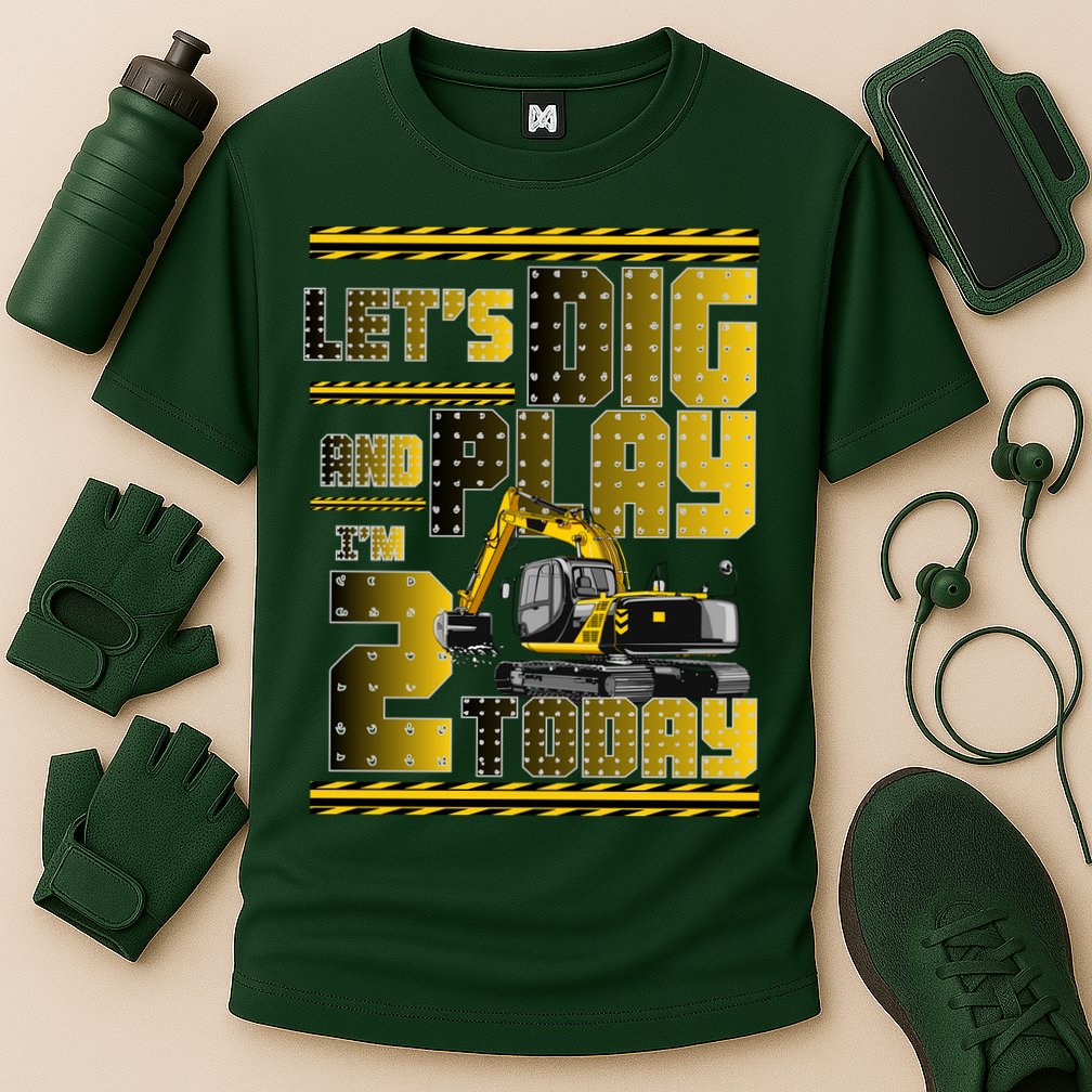 Let's Dig And Play I'm 2 Today 2nd Birthday Party Excavator Performance Shirt