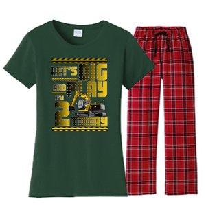 Let's Dig And Play I'm 2 Today 2nd Birthday Party Excavator Women's Flannel Pajama Set