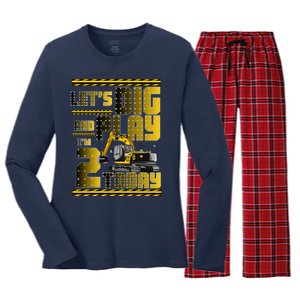 Let's Dig And Play I'm 2 Today 2nd Birthday Party Excavator Women's Long Sleeve Flannel Pajama Set 