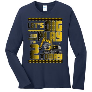 Let's Dig And Play I'm 2 Today 2nd Birthday Party Excavator Ladies Long Sleeve Shirt