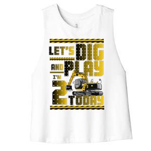 Let's Dig And Play I'm 2 Today 2nd Birthday Party Excavator Women's Racerback Cropped Tank