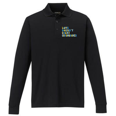 Love Doesn't Count Chromosomes Down Syndrome T21 Down Right Awesome Performance Long Sleeve Polo