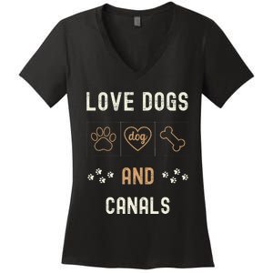 Love Dogs Canals Dog Owners Walker Narrowboat Women's V-Neck T-Shirt