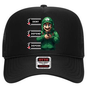 Luigi Deny Defend Depose High Crown Mesh Back Trucker Hat