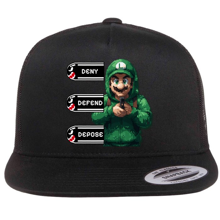 Luigi Deny Defend Depose Flat Bill Trucker Hat