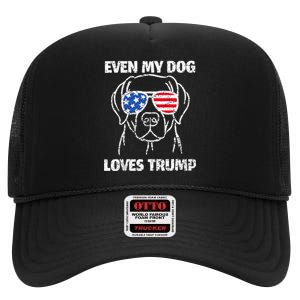 Labrador Dog Flag Sunglasses Even My Dog Loves Trump 2024 High Crown Mesh Back Trucker Hat