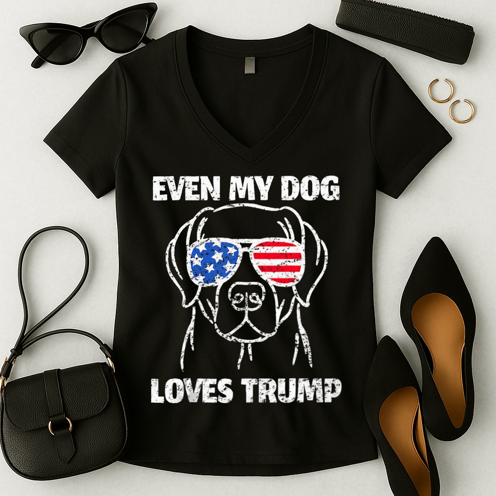 Labrador Dog Flag Sunglasses Even My Dog Loves Trump 2024 Women's V-Neck T-Shirt