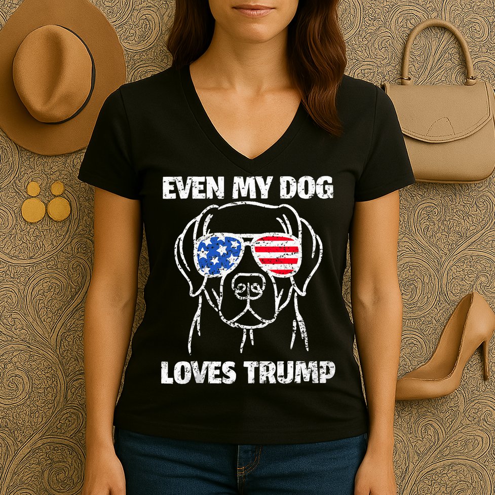 Labrador Dog Flag Sunglasses Even My Dog Loves Trump 2024 Women's V-Neck T-Shirt