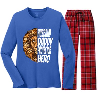 Lion Dad Funny Husband Daddy Protector Hero Gift Women's Long Sleeve Flannel Pajama Set 