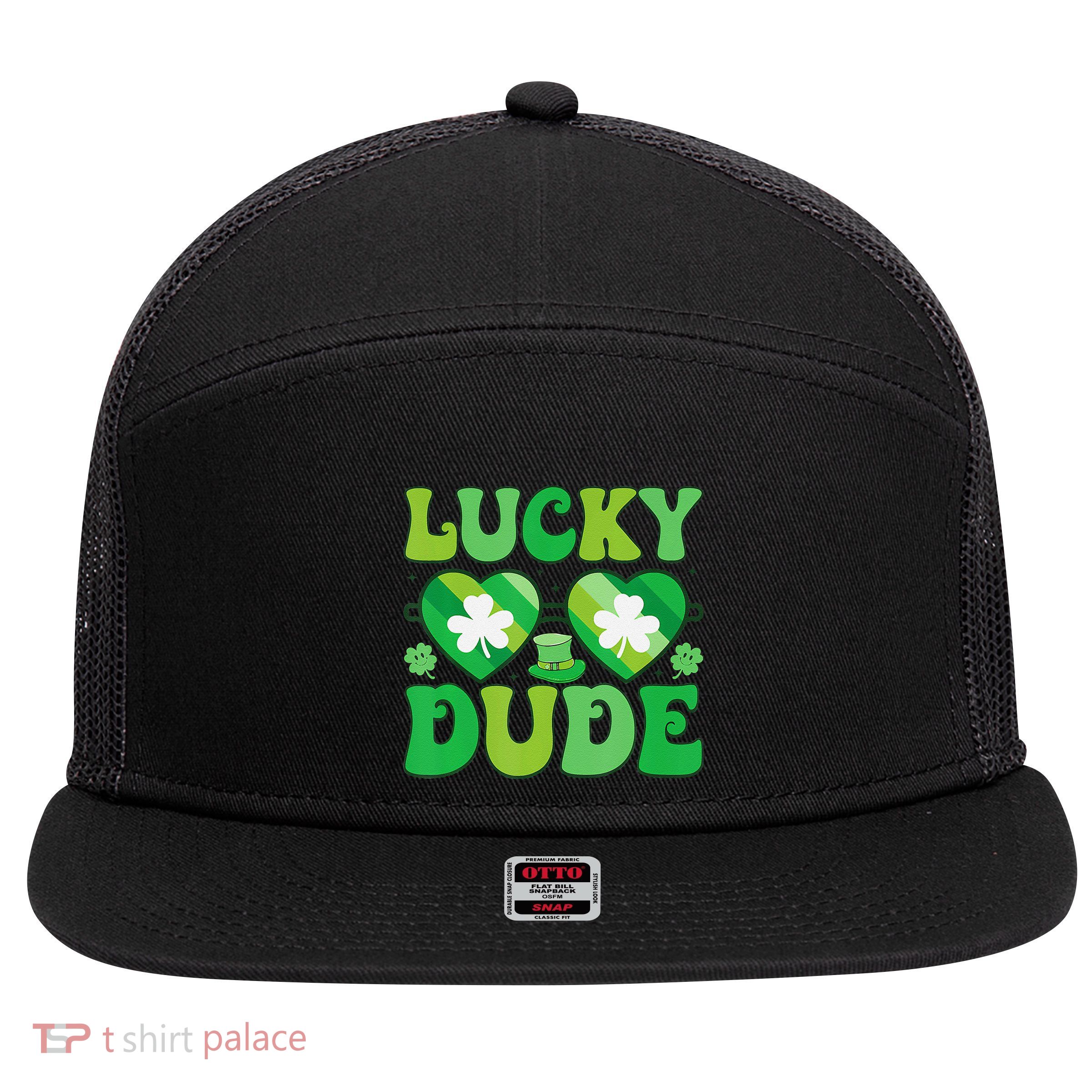 Lucky Dude Groovy St Patricks Day Sunglasses Clover Irish 7 Panel Mesh Trucker Snapback Hat
