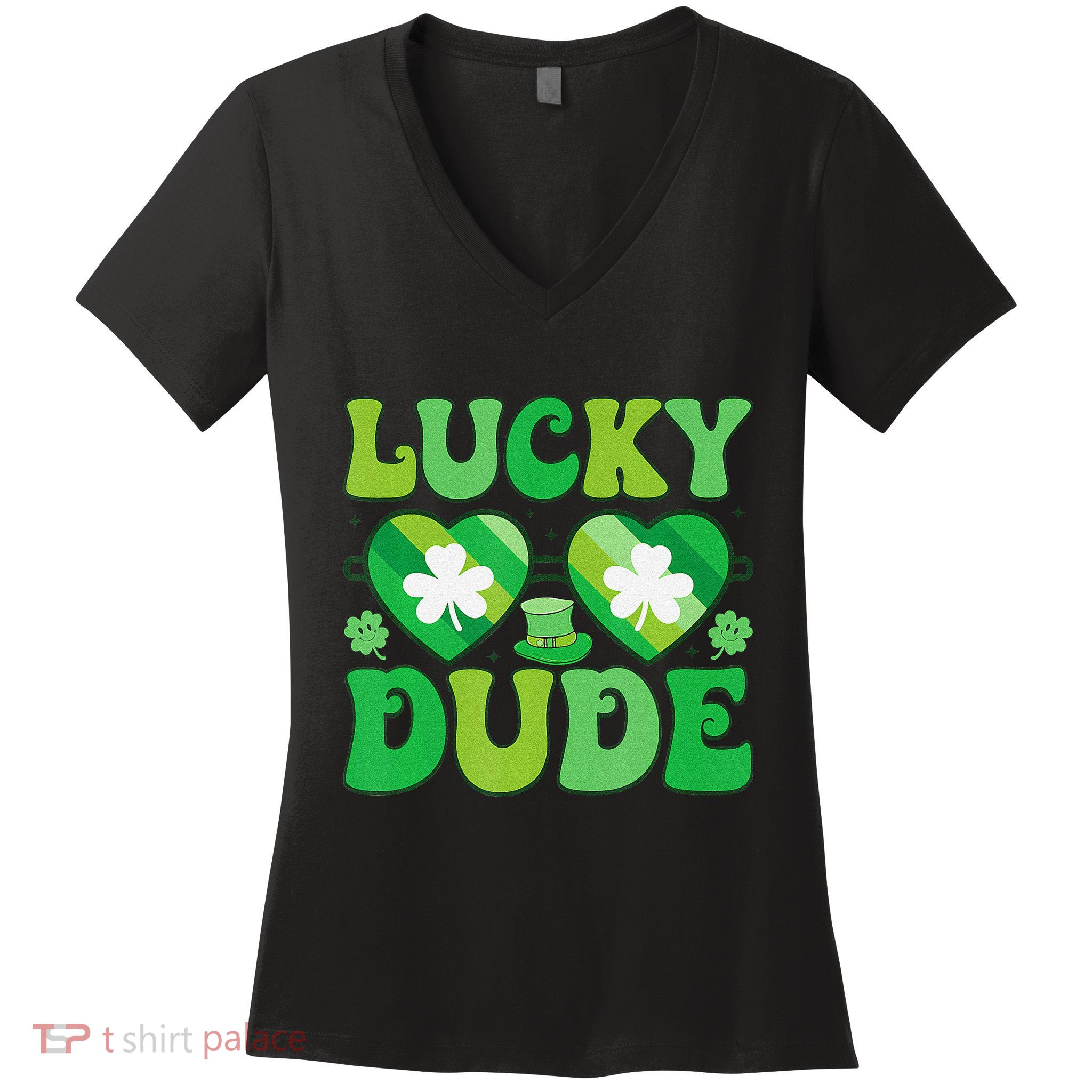 Lucky Dude Groovy St Patricks Day Sunglasses Clover Irish Women's V-Neck T-Shirt