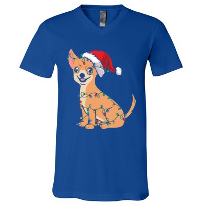 Lovely Dog Holder Lover Santa Christmas Light Chihuahua Gift V-Neck T-Shirt