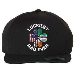 Luckiest Dad Irish American US Flag Shamrock Patrick's Day Premium Wool Snapback Cap