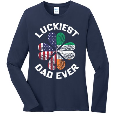 Luckiest Dad Irish American US Flag Shamrock Patrick's Day Premium Ladies Long Sleeve Shirt