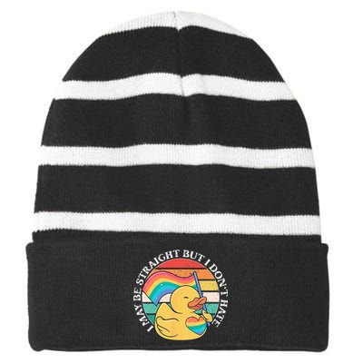 LGBTQ Duck I May Be Straight But I Dont Hate Pride Ally Striped Beanie with Solid Band