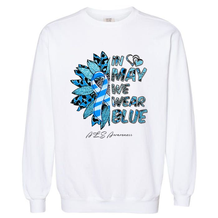 Leopard Daisy In May We Wear Blue ALS Awareness Garment-Dyed Sweatshirt