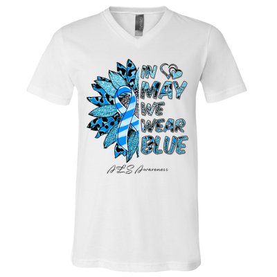 Leopard Daisy In May We Wear Blue ALS Awareness V-Neck T-Shirt