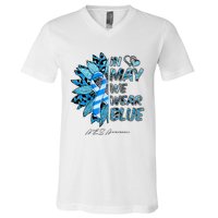 Leopard Daisy In May We Wear Blue ALS Awareness V-Neck T-Shirt