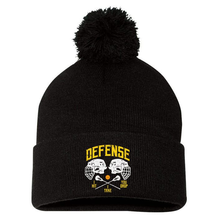 Lacrosse Defense I Hit Take You Drop Lax Player Pom Pom 12in Knit Beanie
