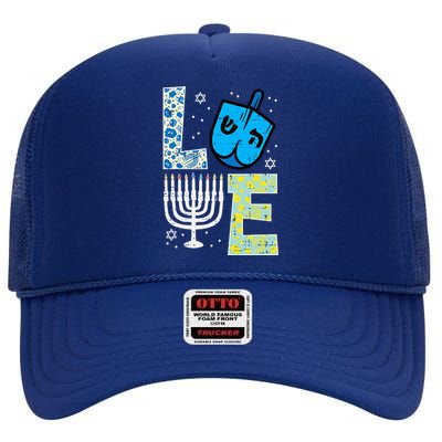 Love Dreidel Menorah Jew Hanukkah Chanukah  High Crown Mesh Back Trucker Hat