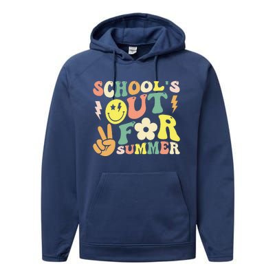 Last Day Of School Groovy Schools Out For Summer Teacher Performance Fleece Hoodie