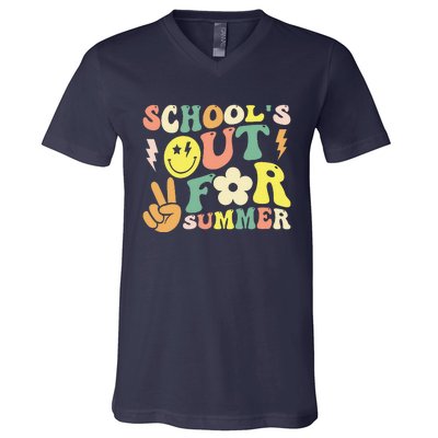 Last Day Of School Groovy Schools Out For Summer Teacher V-Neck T-Shirt