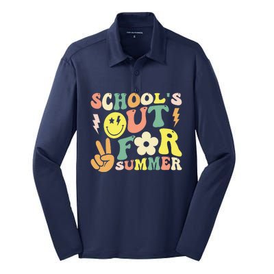 Last Day Of School Groovy Schools Out For Summer Teacher Silk Touch Performance Long Sleeve Polo