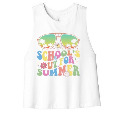 Last Day Of School Groovy Teacher Schools Out For Summer Women's Racerback Cropped Tank