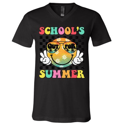 Last Day Of School Smile Teacher Schools Out For Summer V-Neck T-Shirt