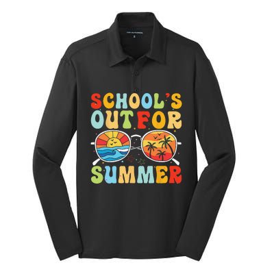 Last Day Of School Retro Schools Out For Summer Teacher Silk Touch Performance Long Sleeve Polo