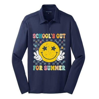 Last Day Of School Retro Schools Out For Summer Teacher Silk Touch Performance Long Sleeve Polo