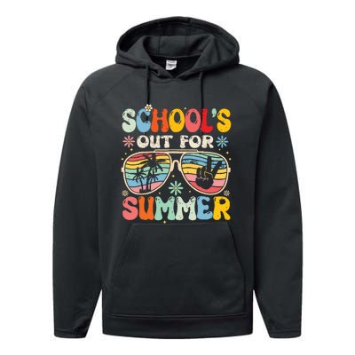 Last Day Of School Groovy Schools Out For Summer Teacher Performance Fleece Hoodie