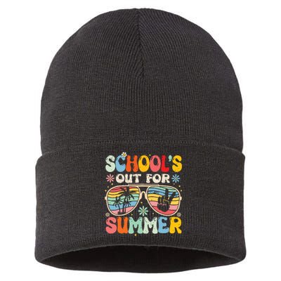 Last Day Of School Groovy Schools Out For Summer Teacher Sustainable Knit Beanie