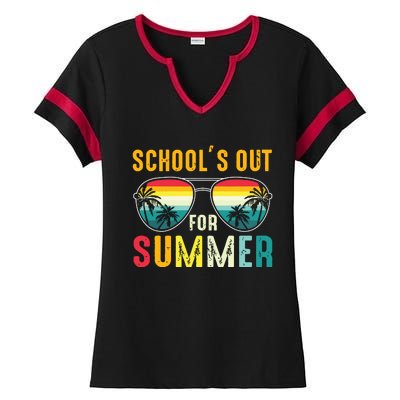 Last Day Of School Retro Schools Out For Summer Teacher Boy Ladies Halftime Notch Neck Tee