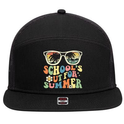 Last Day Of School Graduation Groovy Schools Out For Summer 7 Panel Mesh Trucker Snapback Hat