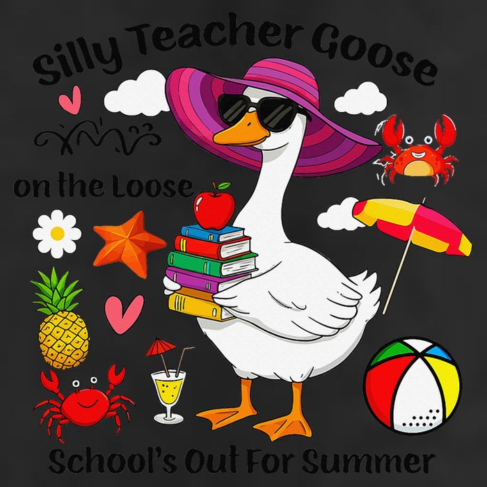 Last Day Of School Teacher Silly Goose Schools Out Summer 7 Panel Mesh Trucker Snapback Hat
