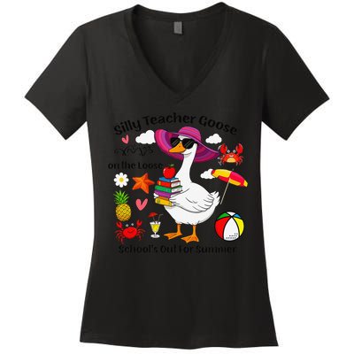Last Day Of School Teacher Silly Goose Schools Out Summer Women's V-Neck T-Shirt