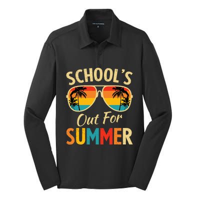 Last Day Of School Retro Schools Out For Summer Teacher Silk Touch Performance Long Sleeve Polo