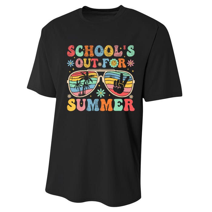 Last Day Of School Groovy SchoolS Out For Summer Teacher Performance Sprint T-Shirt