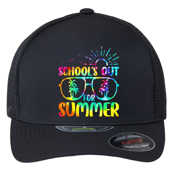 Last Day Of School Schools Out Summer Teacher Tie Dye Flexfit Unipanel Trucker Cap