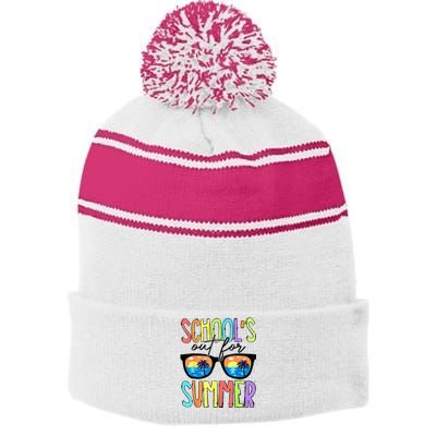 Last Day Of School Schools Out For Summer Teacher Vintage Stripe Pom Pom Beanie