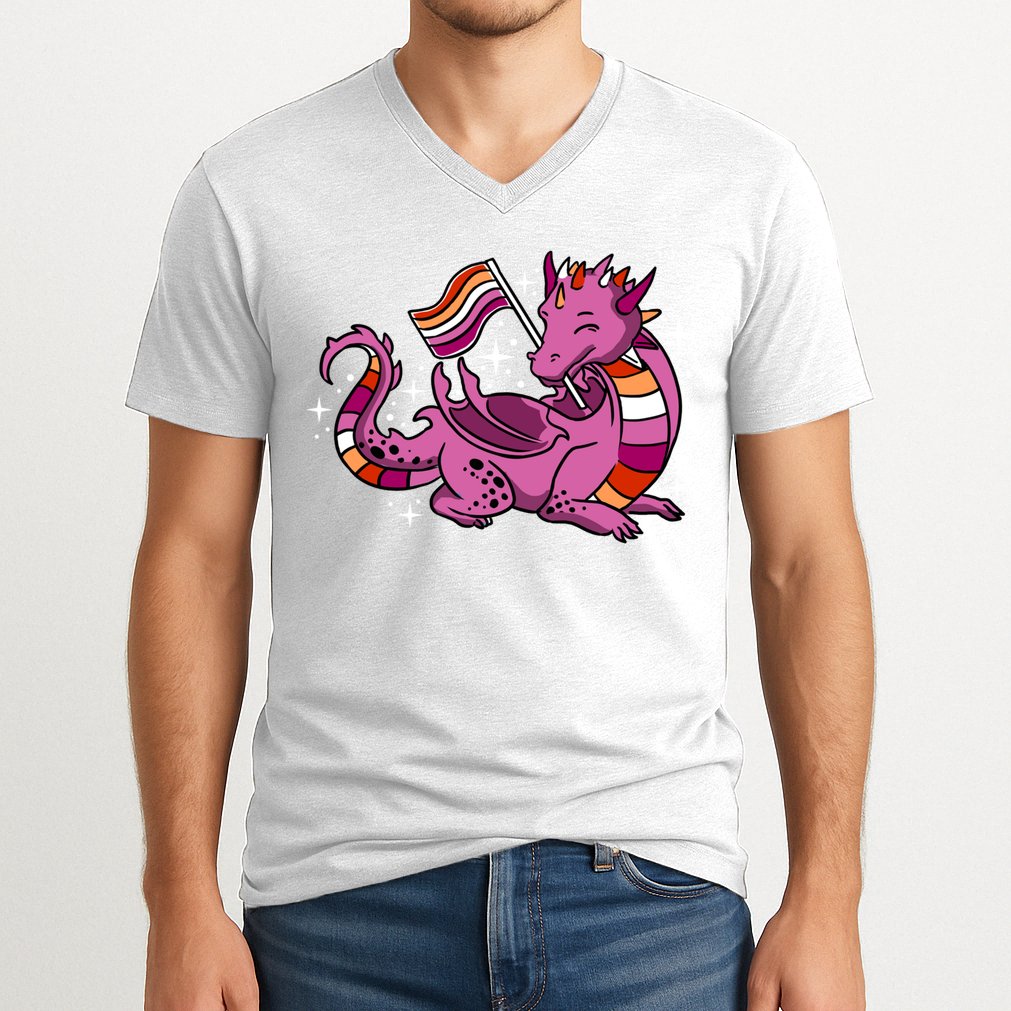 Lesbian Dragon Orange Pink Lesbian Pride Cute Gift V-Neck T-Shirt