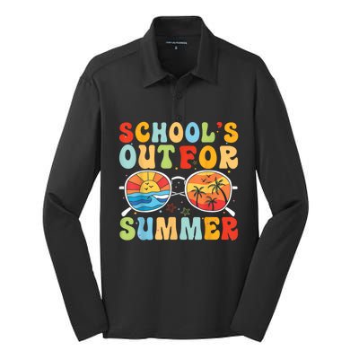 Last Day Of School Retro Schools Out For Summer Teacher Silk Touch Performance Long Sleeve Polo