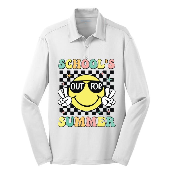 Last Day Of School Retro Schoolsout For Summer Teacher Silk Touch Performance Long Sleeve Polo