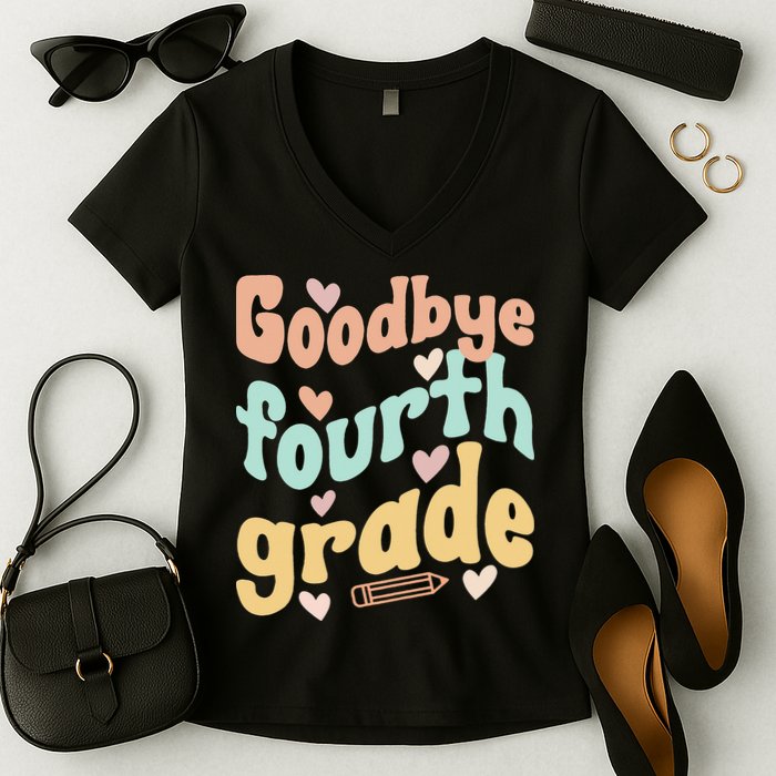 Last Day Of 4th Grade Groovy 4th Grade Last Day Of School Women's V-Neck T-Shirt