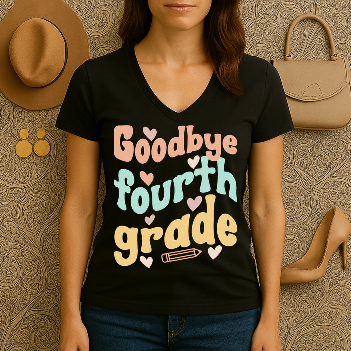 Last Day Of 4th Grade Groovy 4th Grade Last Day Of School Women's V-Neck T-Shirt