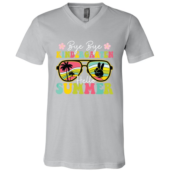 Last Day Of School Bye Kindergarten Hello Summer Sunglasses V-Neck T-Shirt