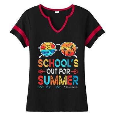 Last Day Of School Retro Schools Out For Summer Teacher Ladies Halftime Notch Neck Tee