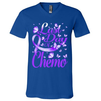Last Day Of Chemo Fibromyalgia Awareness Butterfly Gift V-Neck T-Shirt